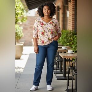 Pioneer Woman Pink 3/4 Sleeve Floral V Neck Pullover Top-Size XXL